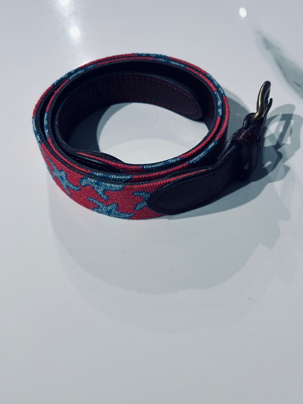 Smathers & Branson Needlepoint Leather Belt Red Blue Size 36 - Picture 3 of 4